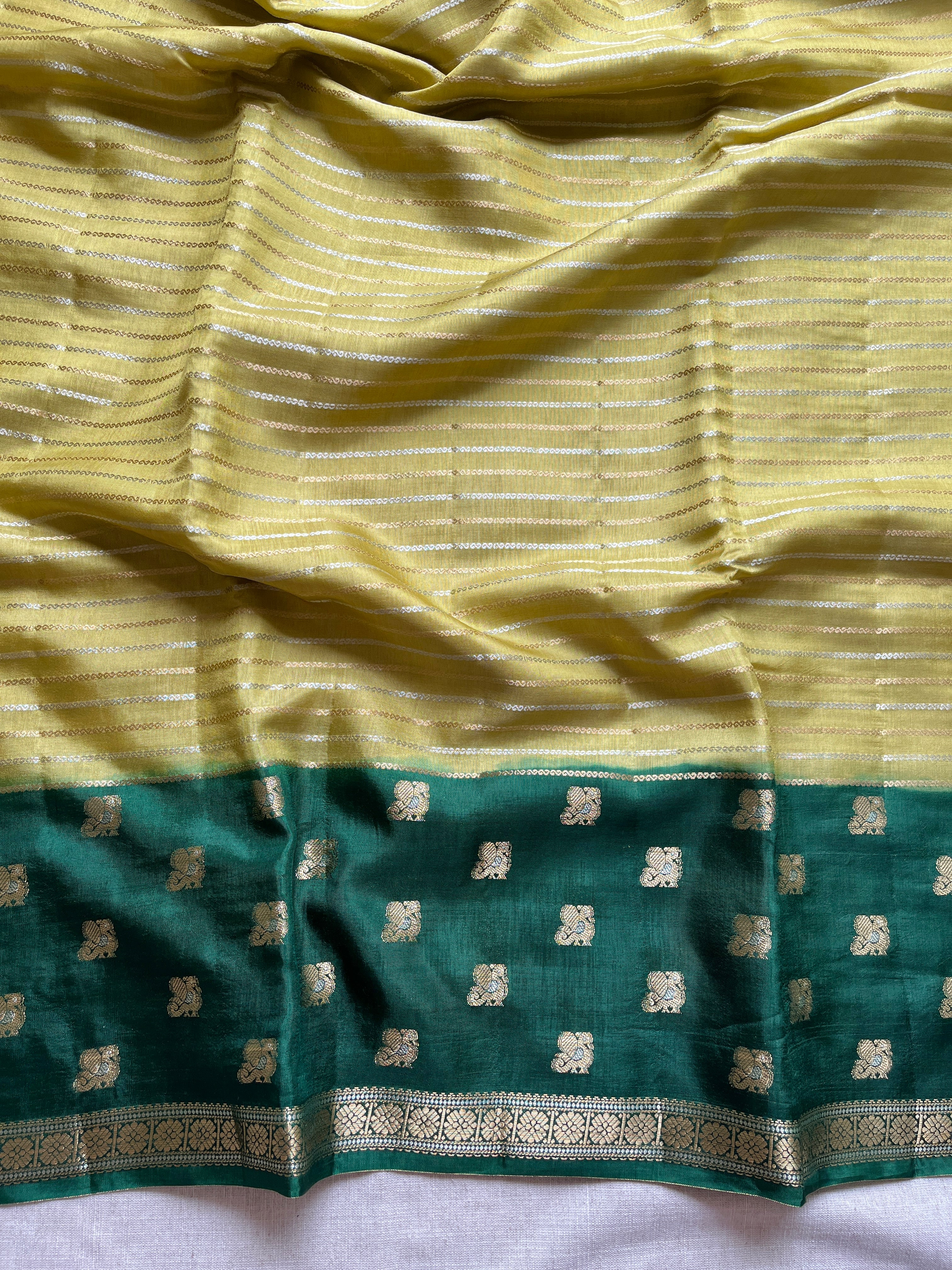 Yellow with Dark Green Viscose Silk Saree